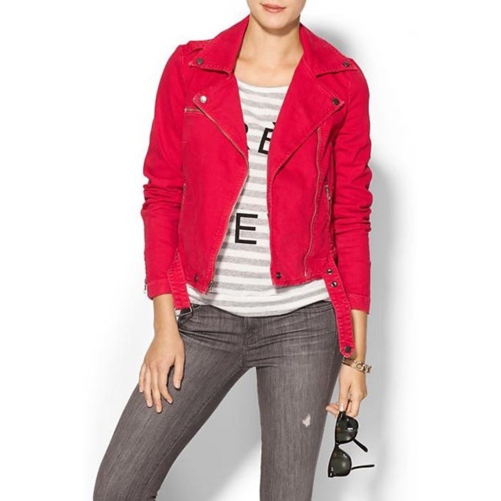 Current Elliott Denim Biker Jacket Victory Red Moto Zip Womens 2 Medium